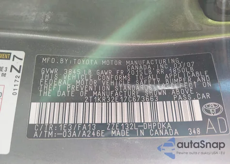 2007 Toyota Matrix z USA, uszkodzony, nr VIN 2T1KR32E17C673663